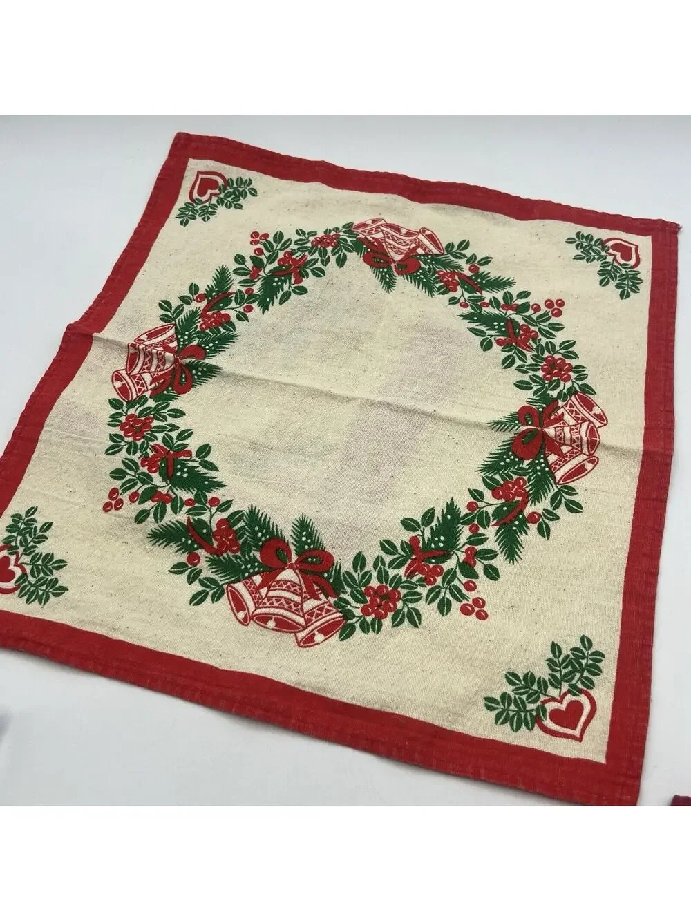 2 Vintage Cotton Muslin Christmas Napkins Red Green Bells Hearts Holly 13